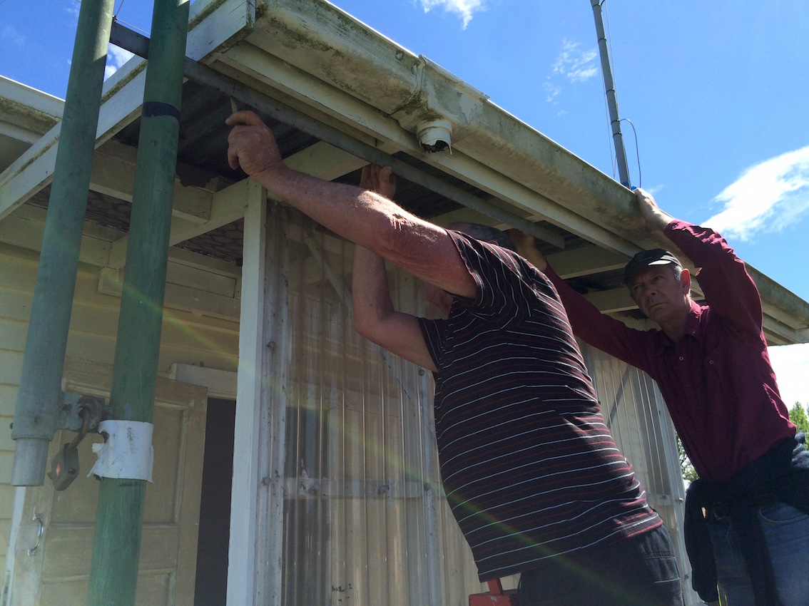 Wally and Revell working on the cross brace for the mast